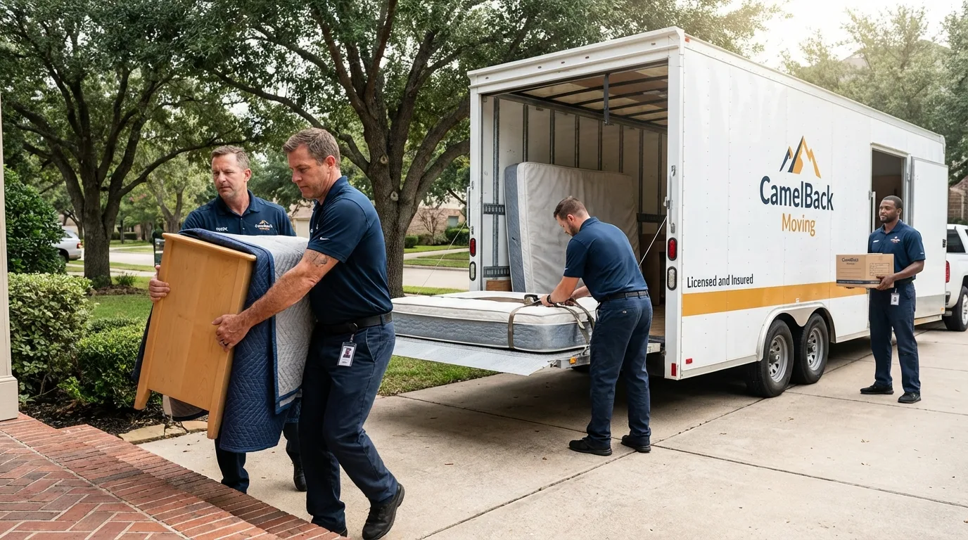 Crew loading residential truck for cross-state move from Elmendorf, TX