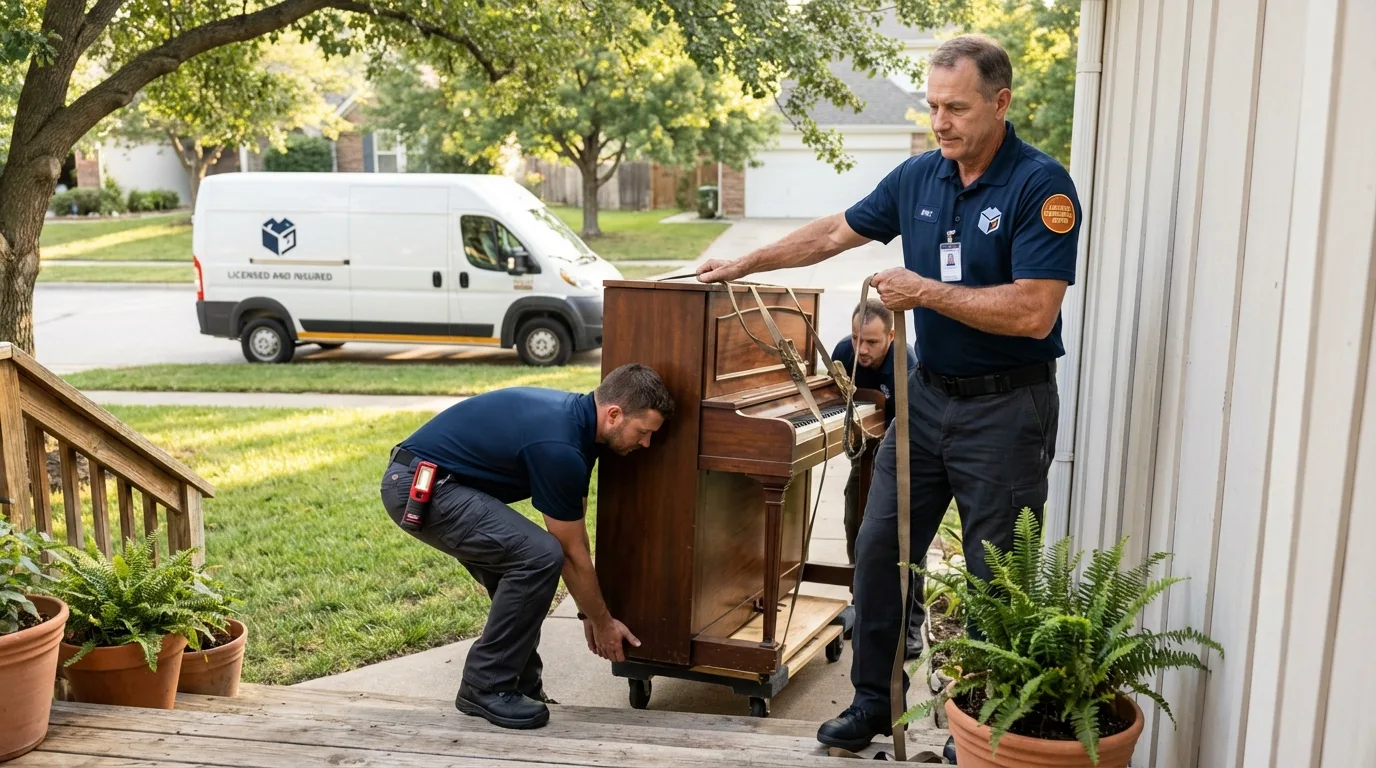 Licensed piano movers securing grand piano in Elmendorf, TX