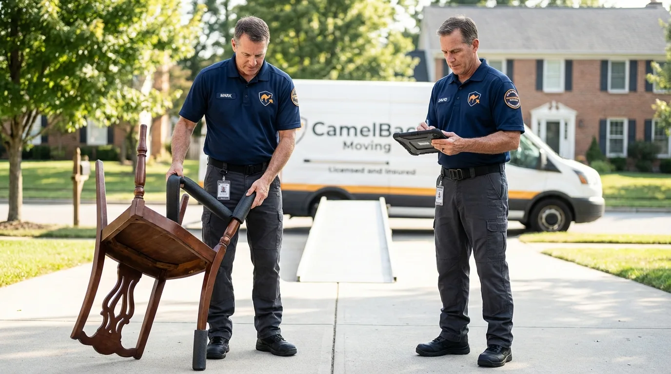 Movers inspecting furniture for damage prevention before loading in Elmendorf, TX